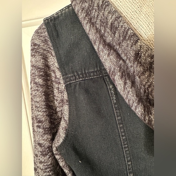 FREE PEOPLE Small Distressed Boho Knit Hooded Moto Jean Jacket Gray Black - Picture 10 of 10